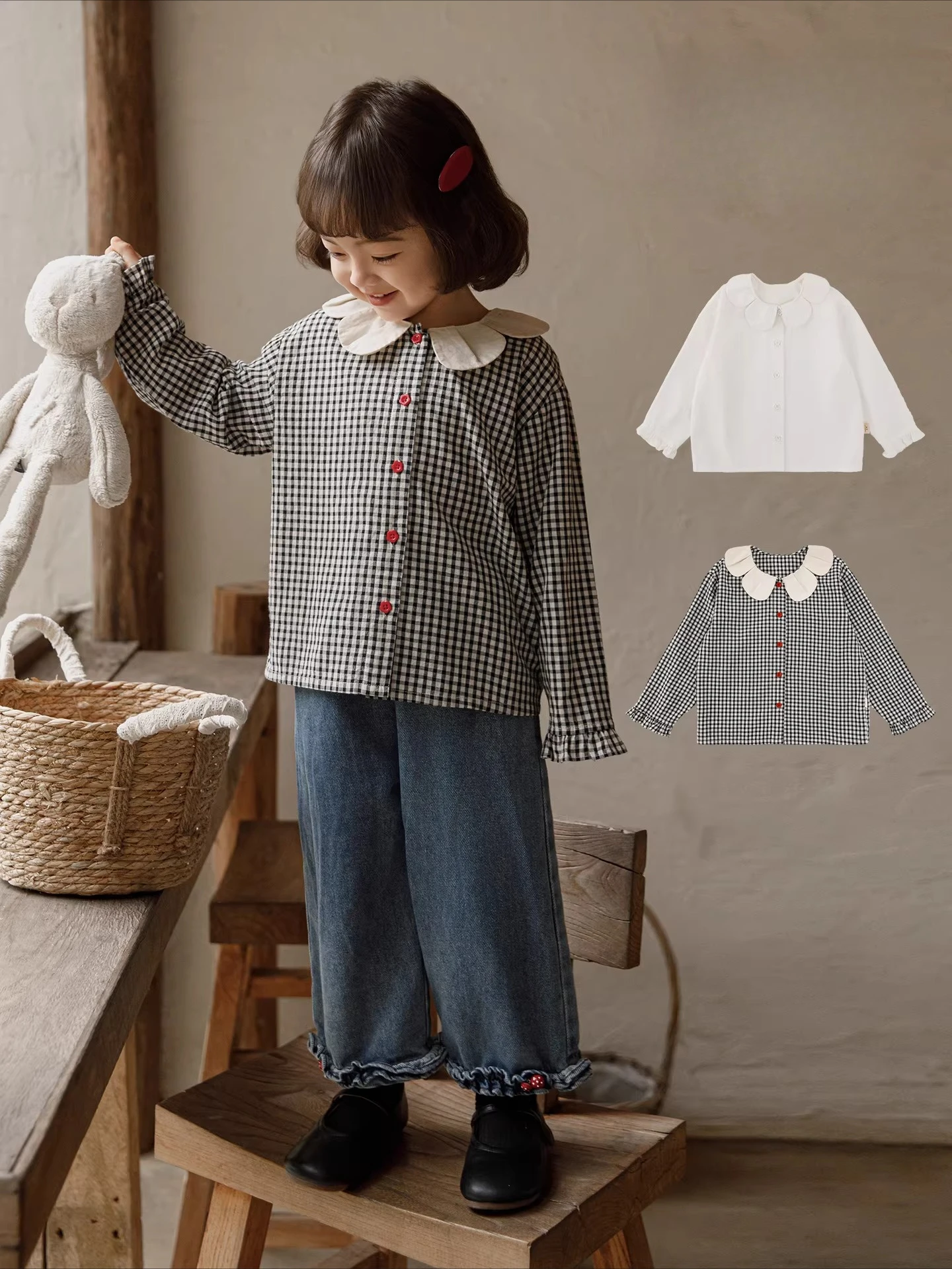 2026 Spring Girls Floral Collar Blouse Plaid Loose Versatile Play Magic Comfort 3-12Y