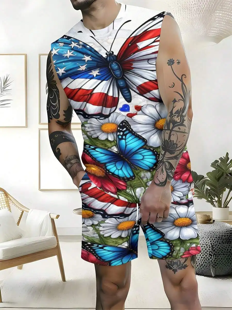 Casual Fashion 2026 European & American Spring Summer Autumn New Style Men's Tank Top And Beach Shorts Set Independence Day view 4