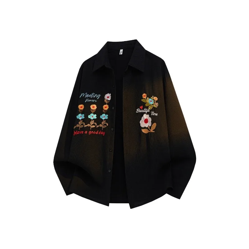 

Women's Black Gradient Oversized Shirt Long Sleeve Flower Embroidery Letter Casual Loose Daily Blouse