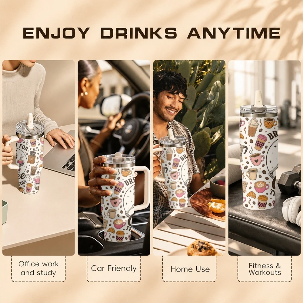 Power of Coffee Vacuum Flasks 40oz Stainless Steel Tumbler with Handle Straw Lid Vacuum Insulated Double Wall Leak Proof