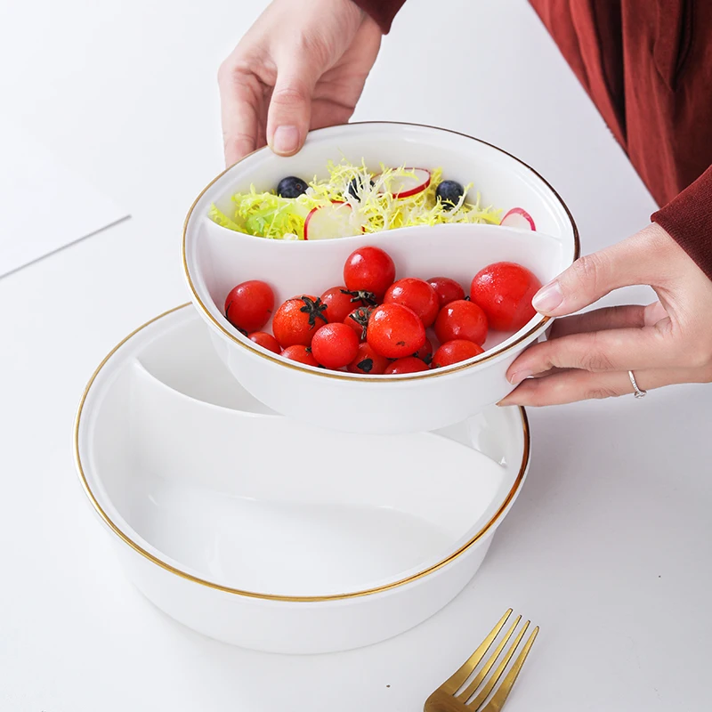 Double Section Cerc Soup Bowl Tai Chi Bowl Creative Cantonese Sle Fruit Salad Bowl with Gold Rim for Home Use