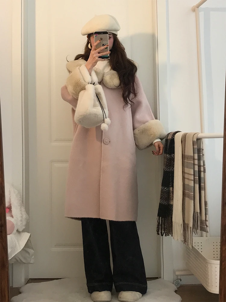 甘いピンクのウール襟スプライシングコート女性の冬の新しいSleミディアム丈ルーズウールコート優しい風Sleファイオナブル