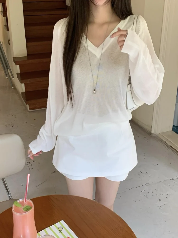 Afslanken Chique Zomer Dun Gebreid V-Ne Losse Dames Top Ademend Eenvoudig Matchable Sunade Vest Lang Sve Crew Ne