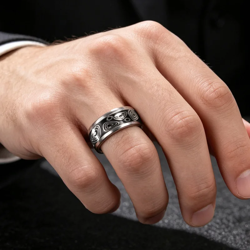 Retro Abstract Pattern Stainless Steel Men Band Ring, Black‑Silver Contrast Inlaid Wide‑face Ring, Business Finger Jewelry