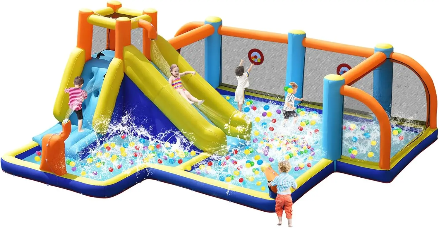 Giant Inflatable Water Slide Bounce House with Soccer Goals, Splash Pool and Climbing Wall - Outdoor Blow Up Water Park for Kids and Adults, Backyard Fun (Blower Not Included)