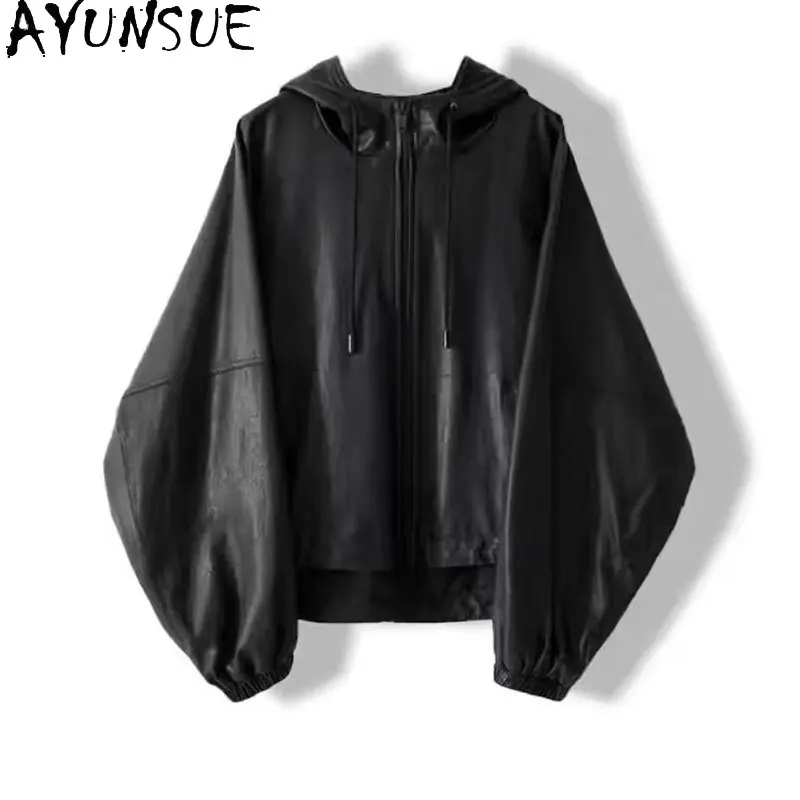 AYUNSUE Real Leather Jacket Woman Ultra-Thin Vegetable-Tanned Sheepskin Jackets for Woman Loose Hooded Tops Woman Clothes Casaco
