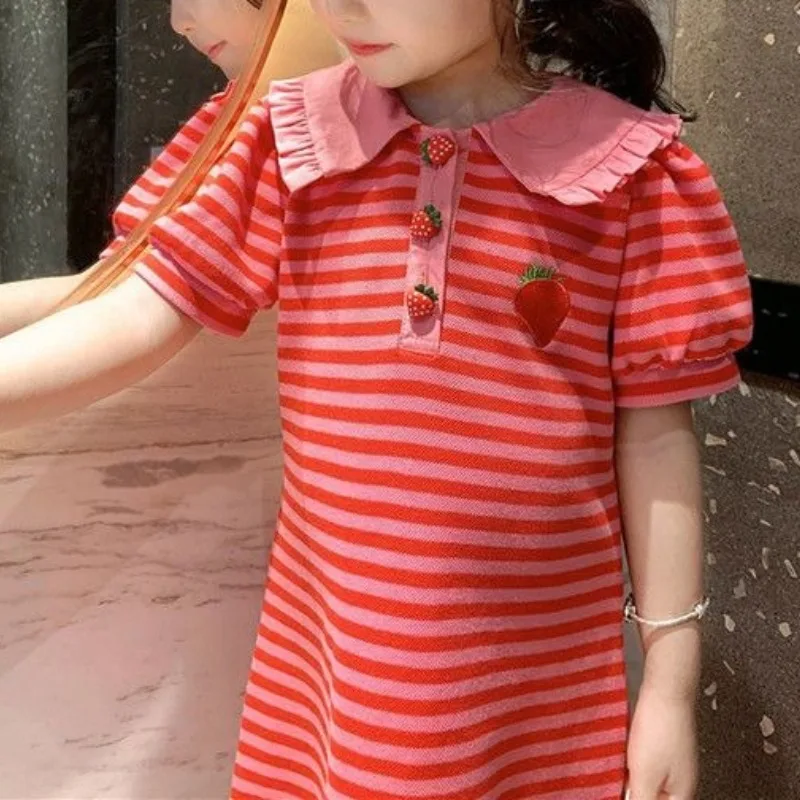 Girls Summer 2024 New Pullover Doll Neck Spliced Button Stripe Embroidery Fashion Casual Slim Fit Princess Short Sleeved Dress