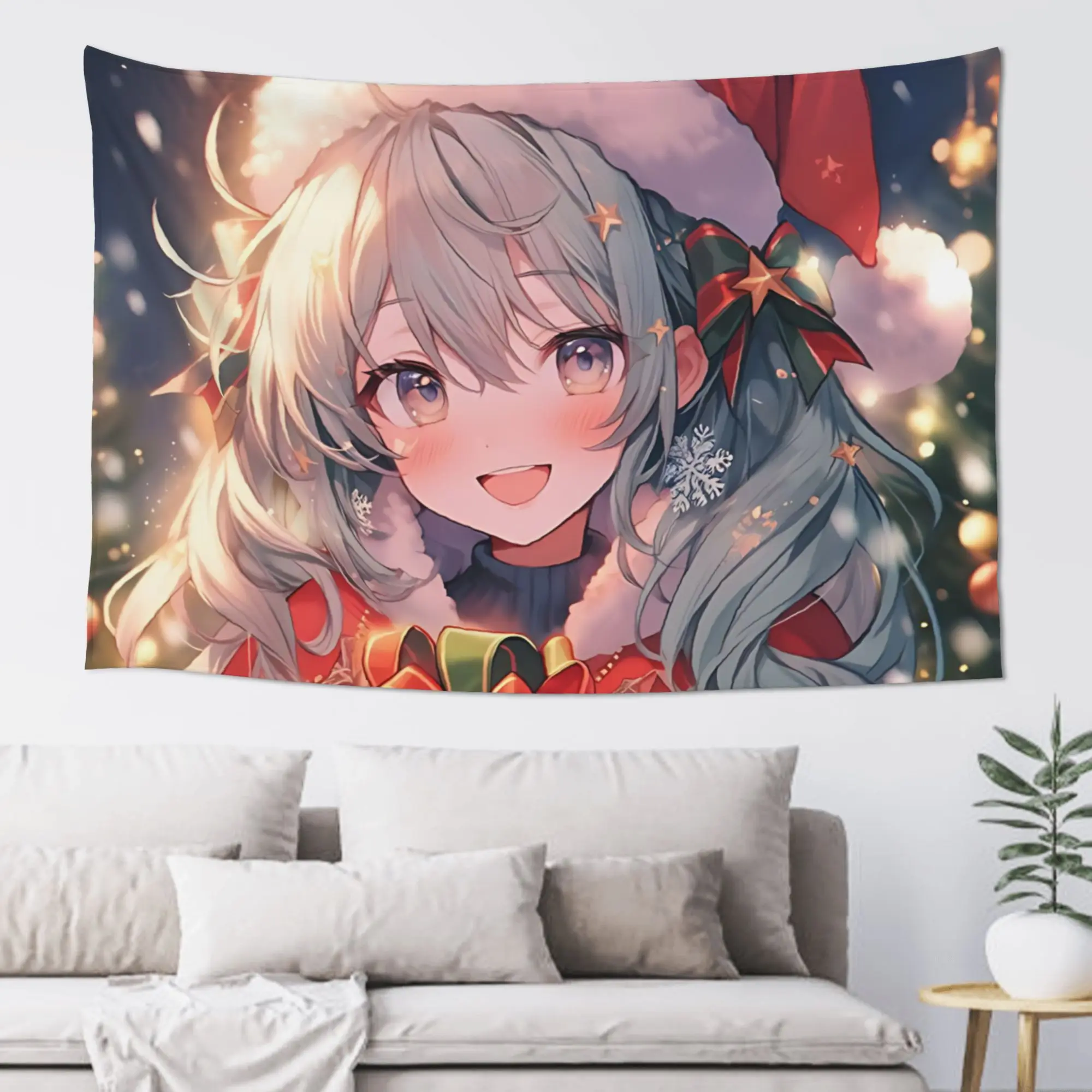 Anime Girl Holding Christmas Gift Print Tapestry Room decoration  Home Decoration Tapestry Decor Accessories Cute Room Decor