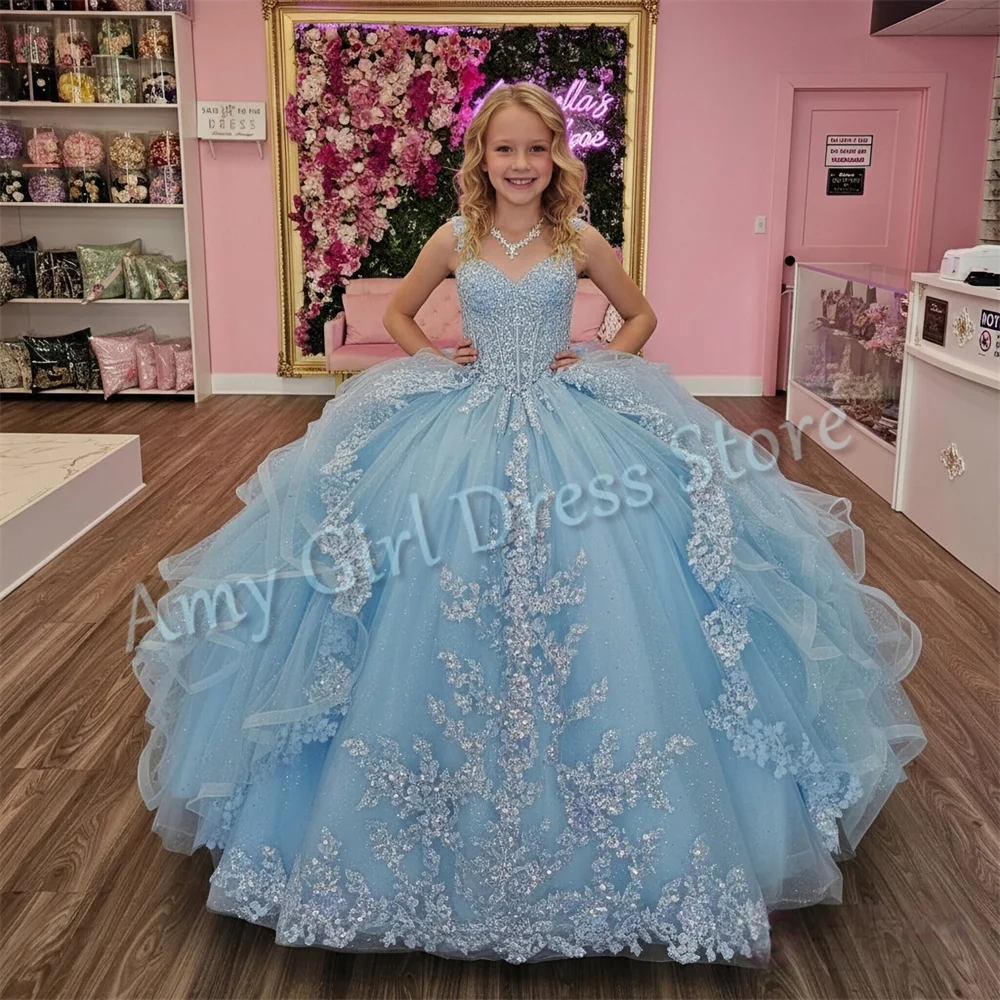 

Gorgeous Sky Blue Flower Girl Dress For Wedding Appliques Sequins Floor Length Quinceanera Princess Bridesmaid Gown Customized