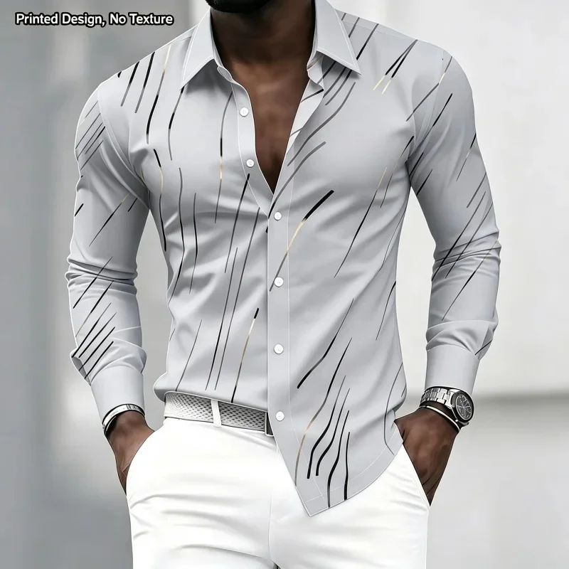 2026 New Men's Lapel Long-Sleeve Shirt, White Base with Black and Gold Diagonal Stripe Print, Casual Shirt, S