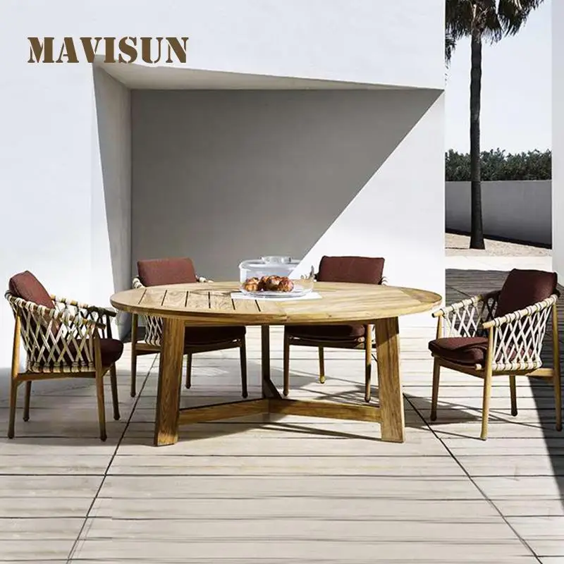 Country Style Dining Table Set For Outdoor Courtyard Villa Leisure Solid Wood Rattan Chair Terrace Dining Room Furniture