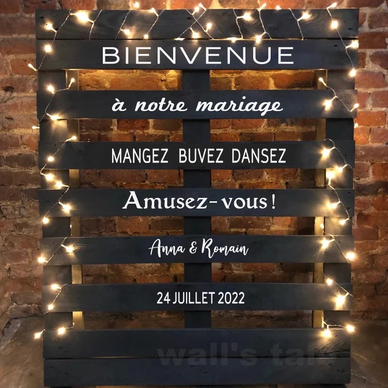 French Personalized Wedding Pallet Stickers BIENVENUE Wedding Venue Decorations Custom Names Date Vinyl Decals Party Decor