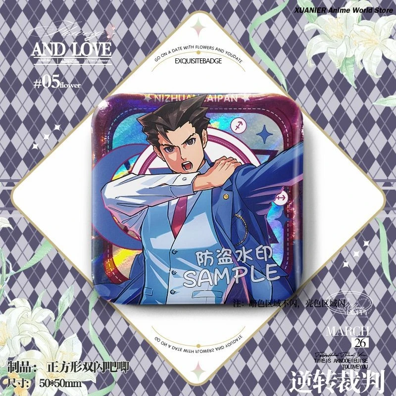 Miles Edgeworth Apollo Justice Ryunosuke Naruhodo Square Q Version Badge Brooch Pin Bedge Anime Decoration Backpack Pendant Gift