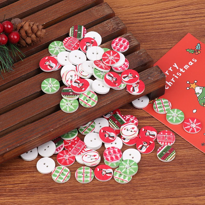 

100Pcs 15mm Christmas Wooden Buttons - Painted Tree/Snowflake/Snowman Designs for Holiday Crafts & Decor