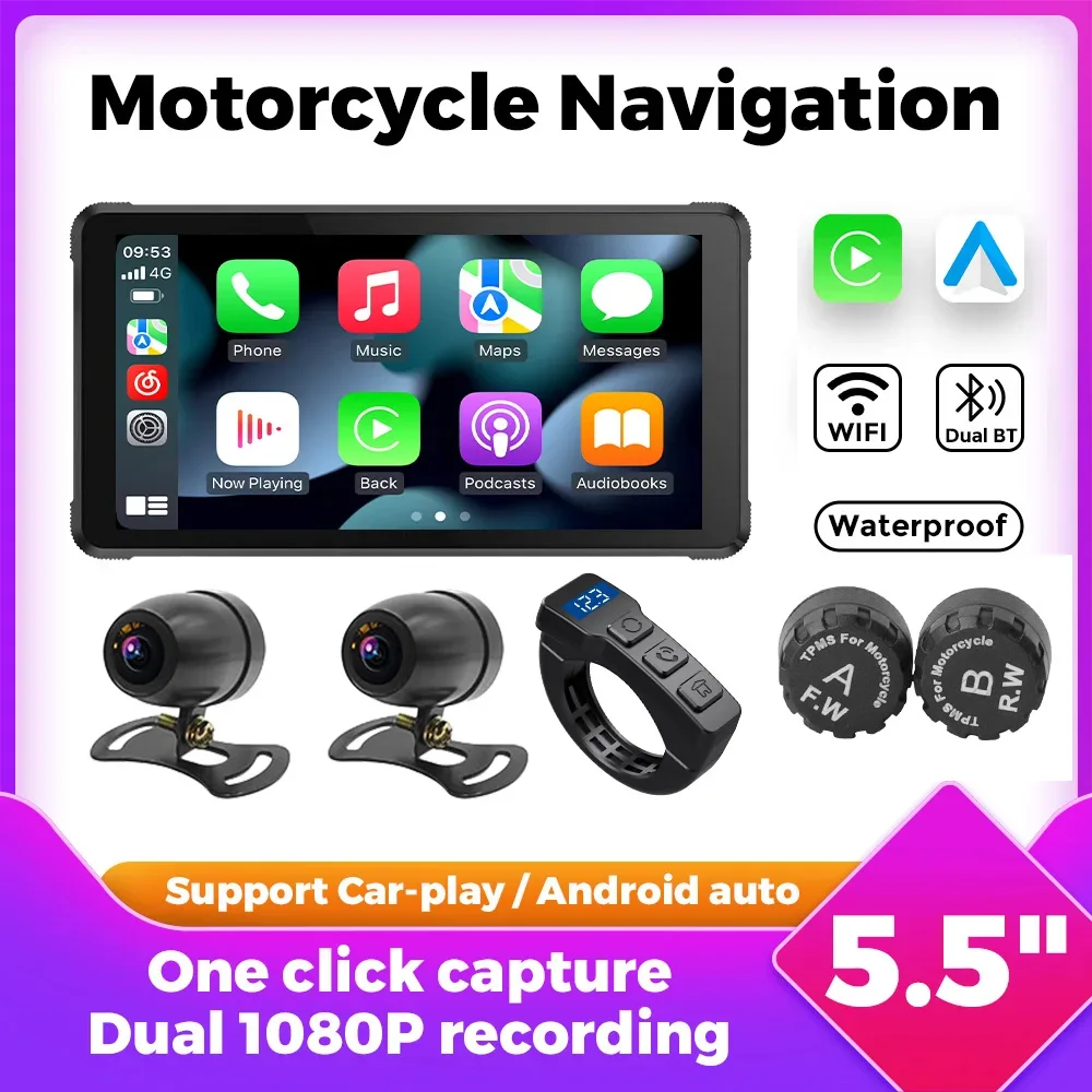 

5,5-дюймовый мотоциклетный GPS-навигатор с беспроводным CarPlay и Android Auto, водонепроницаемый (IP67), Bluetooth, Wi-Fi, портативный ЖК-экран, двойная запись