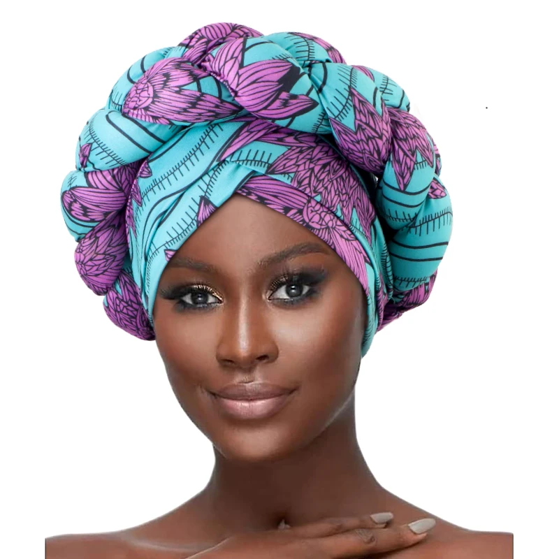 New Elegant Hand-Woven African printed Turban Braid Cap Women Muslim Hijab Braid Hat Islamic Headwear Elastic Bonnet Bandana