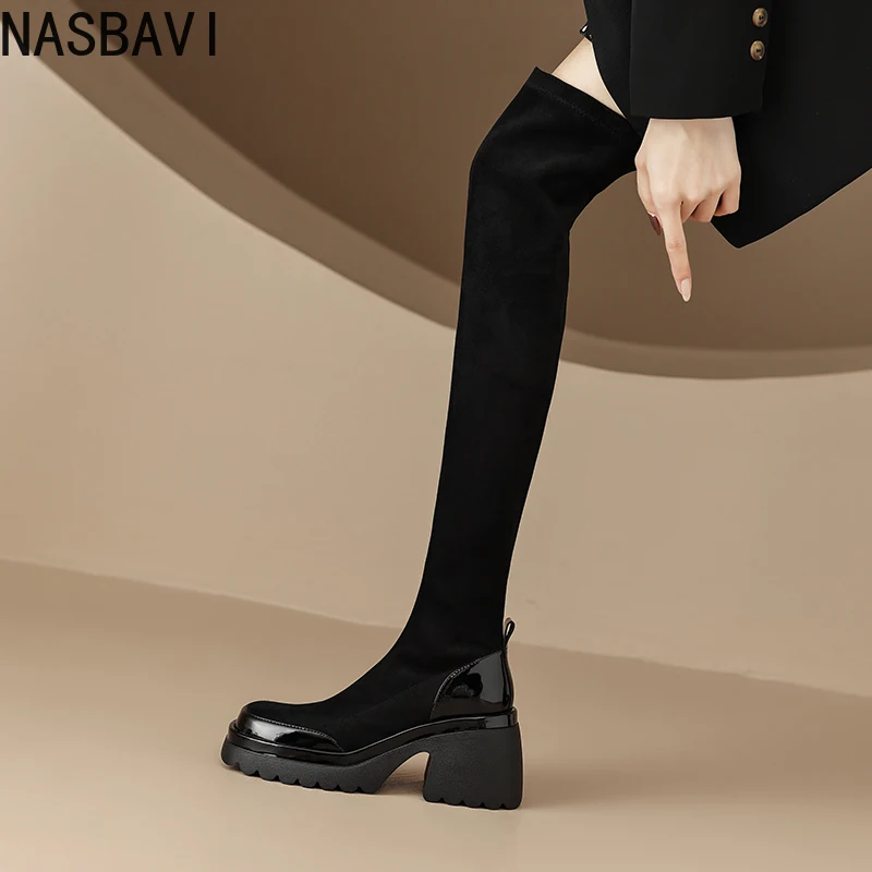 

NASBAVI2026 Winter Women Over The Knee High Boots Stretch Velvet Lace Up Autumn Shoes Round Toe Zipper Fashion Heels Boots 34-41