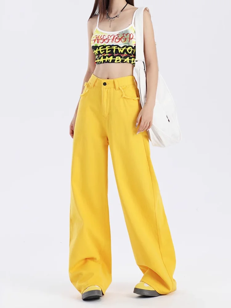 

Women's Yellow Jeans Baggy Vintage Aesthetic Cowboy Pants Harajuku Straight Denim Trouser Y2k 2000s Trashy Oversize Clothes 2024