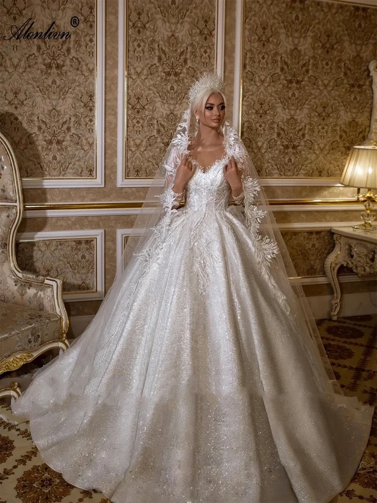 

Customized Beautiful appliques Lace Illusion Neck Ball Gown Bridal Gown Full SleevesBeaded Wedding Dress Vestido De Novia