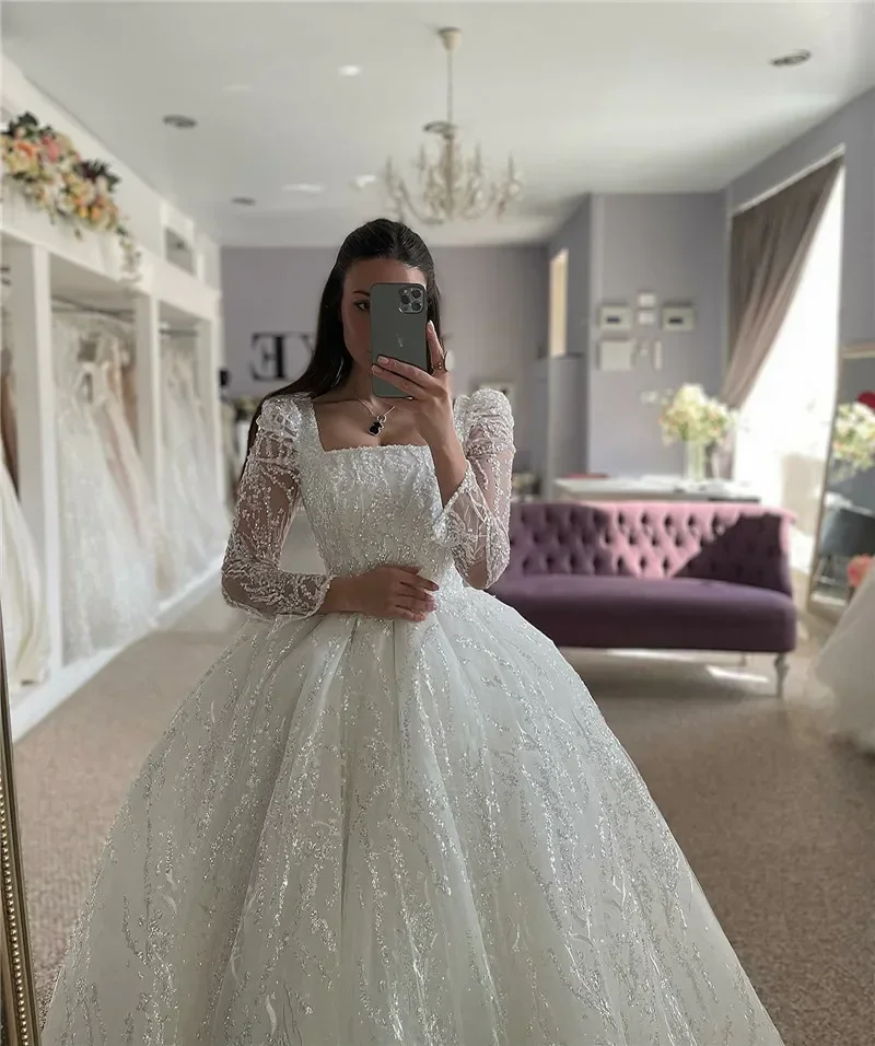 

Flavinke Customized Luxury Wedding Dresses Beading A Line Long Sleeve Bride Dress Square Neck Ball Gown Princess Wedding Gowns