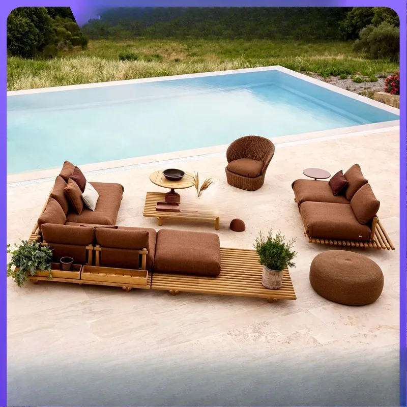 Outdoor sofa courtyard villa open-air garden solid wood simple rain and sun protection leisure villa teak furniture