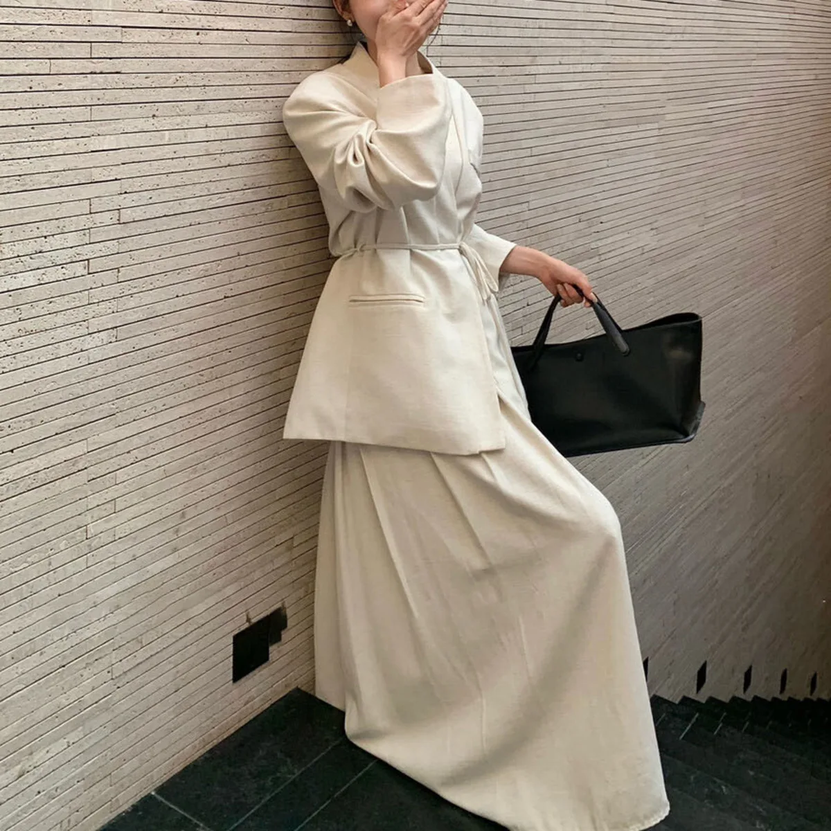 KWTX 2025 Retro linnen pakset dames blazer met V-hals en hoge taille rok outfit met tailleband elegante kantoorkleding herfstjas