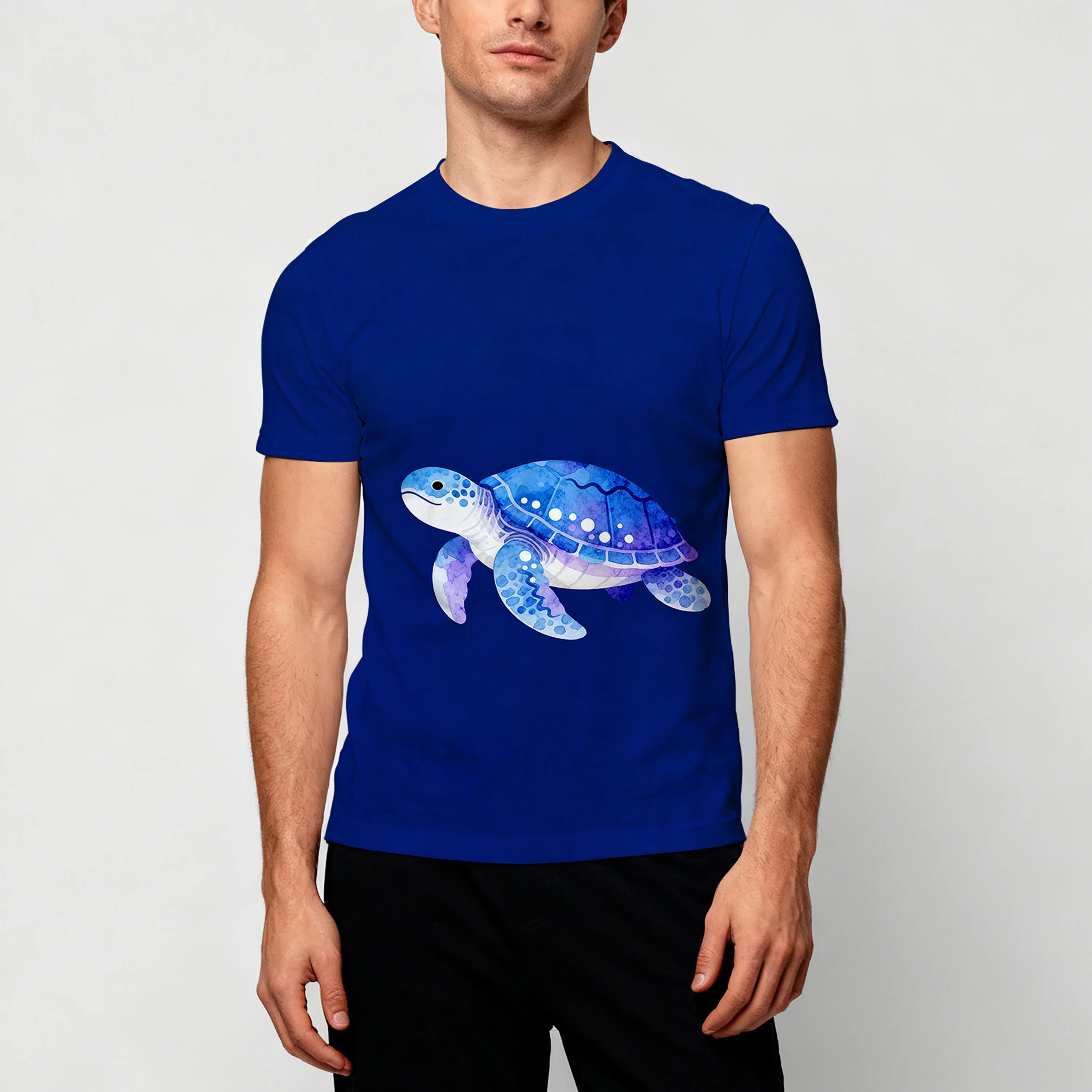 

Men's short-sleeved crew neck T-shirt, blue with marine animal print, regular fit, casual and stylish