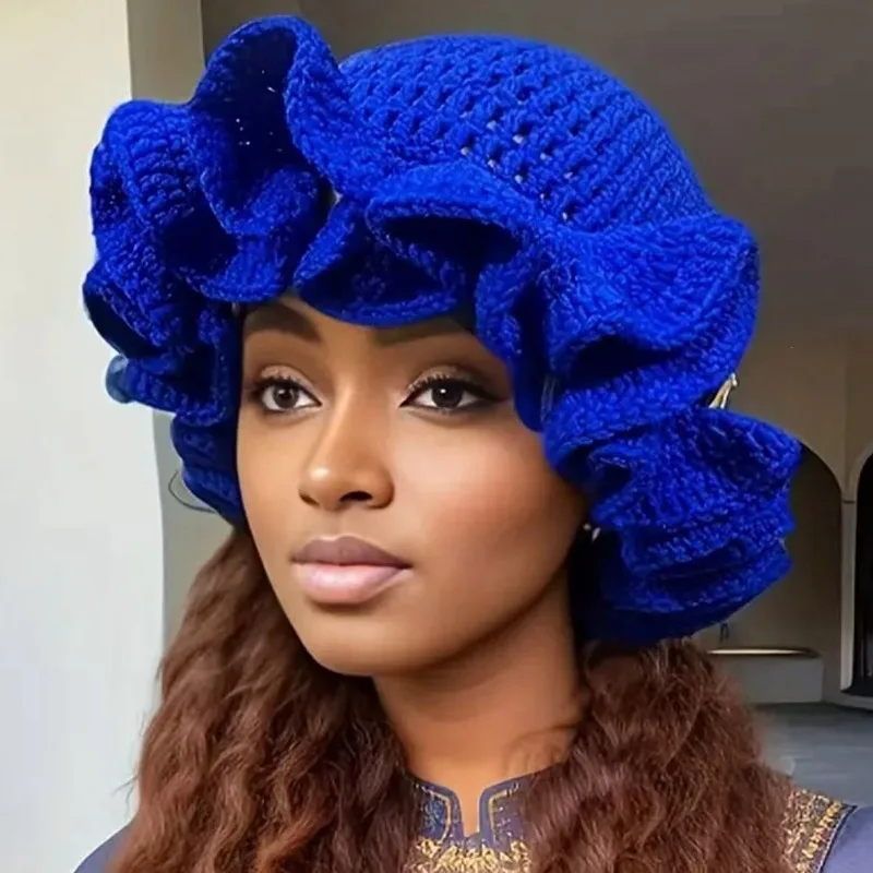 Winter Hand Woven Thick Wave Ruffle Knit Beanie Hat For Women, Solid Windproof Cold Resistant Thermal Yarn Hat For Daily Outdoor