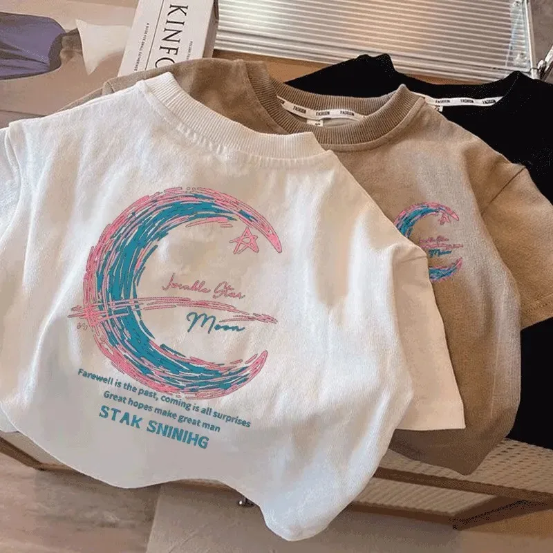 

RAISE Summer Children Cartoon Embroidery Short Sleeves Cottoon Plane Printed Kids Boy Top Moon Round Collar Babys Boys Basic Tee