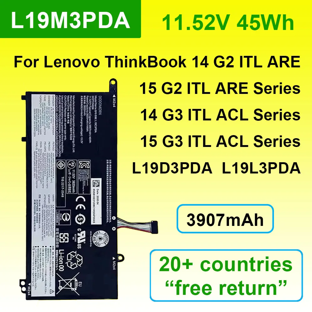 

L19D3PDA Совместимый аккумулятор для ноутбука Lenovo Thinkbook 14 15 G2 ITL ARE, G3 ACL ITL, G4 ABA Series L19M3PDA L19L3PDA L19C3PDA