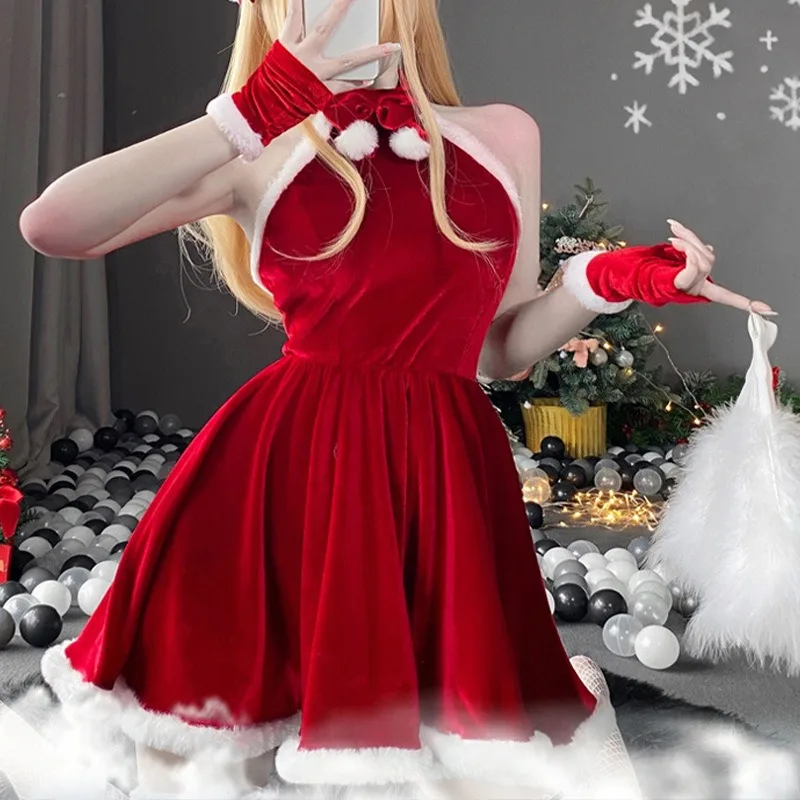 Vestido de Navidad dulce y Sexy para mujer con tocado y guantes, trajes de fiesta de juego de rol, traje de actuación en escenario de estilo novedoso, regalos de navidad