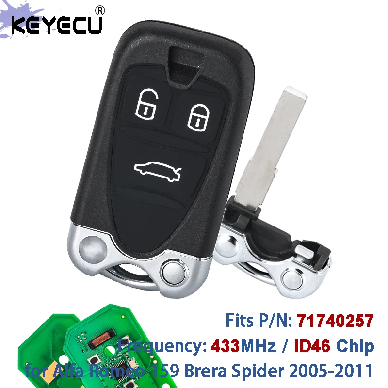 KEYECU PN: 71740257 433MHz PCF7941 / ID46 Chip Remote Key Fob for Alfa Romeo 159 Brera Spider 2005-2007 2008 2009 2010 2011