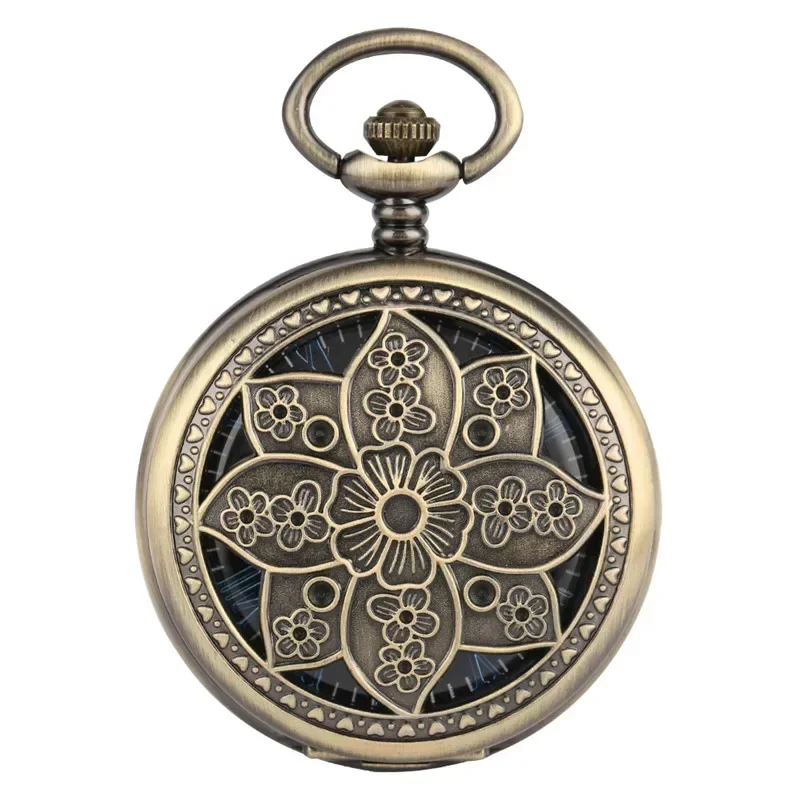 Exquisite Luxury Lotus Flowers Unisex Mechanical Hand Wind Pocket Watch Carving Bronze Skeleton Fob Watches Clock Best Gift Relo