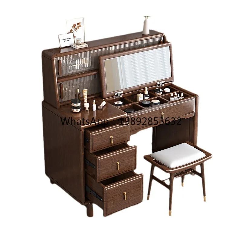 LYY New Chinese Style Solid Wood Dressing Table Walnut Small Apartment Flip Storage Makeup Table Two-in-One with Mirror