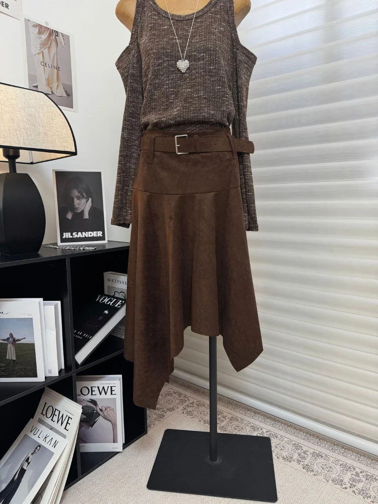 Autumn Draped Design Sense Irregular Half Skirt Women High Waist Brown Temperament Elegant Mid Length Pleated Skirt