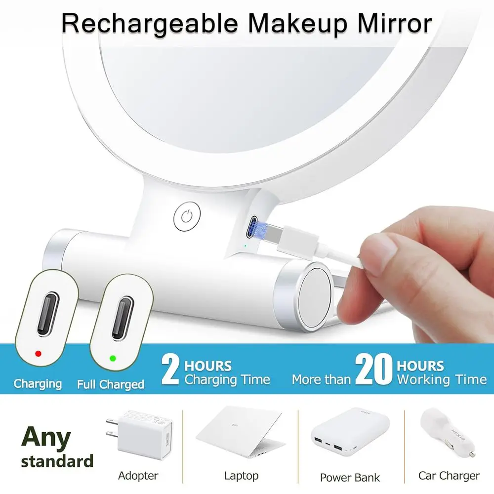 Miroir de maquillage portable éclairé par LED double face avec grossissement 1X/20X pour le toilettage en déplacement