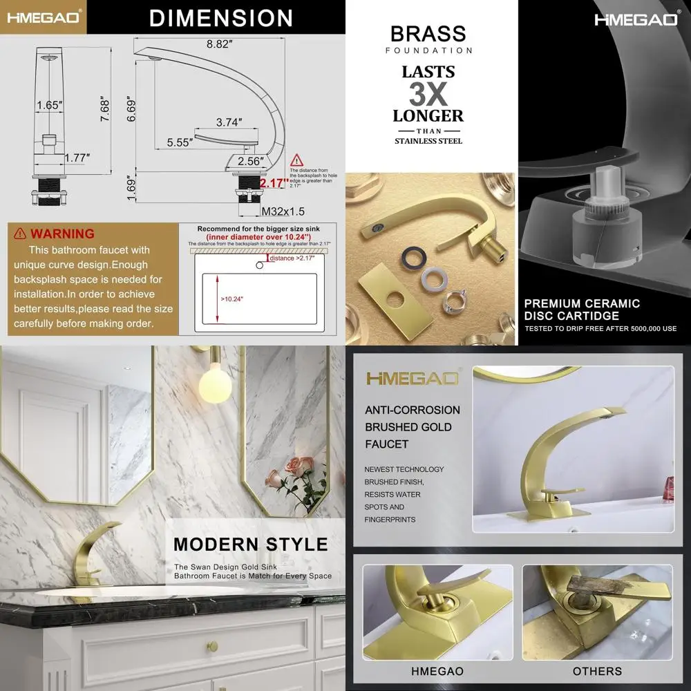 

Современный смеситель для раковины в ванной комнате с высоким дуговым отверстием и матовым золотом, с наклонной пластиной и выдвижным сливом
