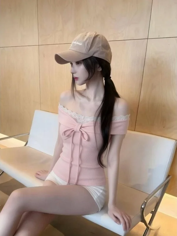 純粋な欲望ピンクレース蝶結びワンショルダー半袖Tシャツ女性用サマースパイシーガール肩出しスリムショートトップ 1