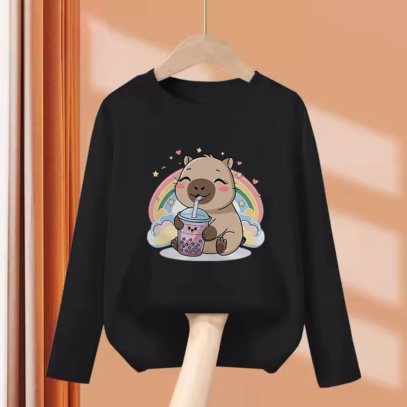 Long Sleeve New 2026 Happy Capybara Funny T Shirts Manga Kids Children's T-shirt Boys Girls Summer Spring Casual Top Tee Shirt