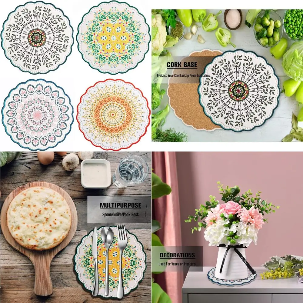 

Heat-Resistant Flower Patterned Trivets, Set of 4, 7.9 Inch Round, Cork Base, Ideal Gift for Friends