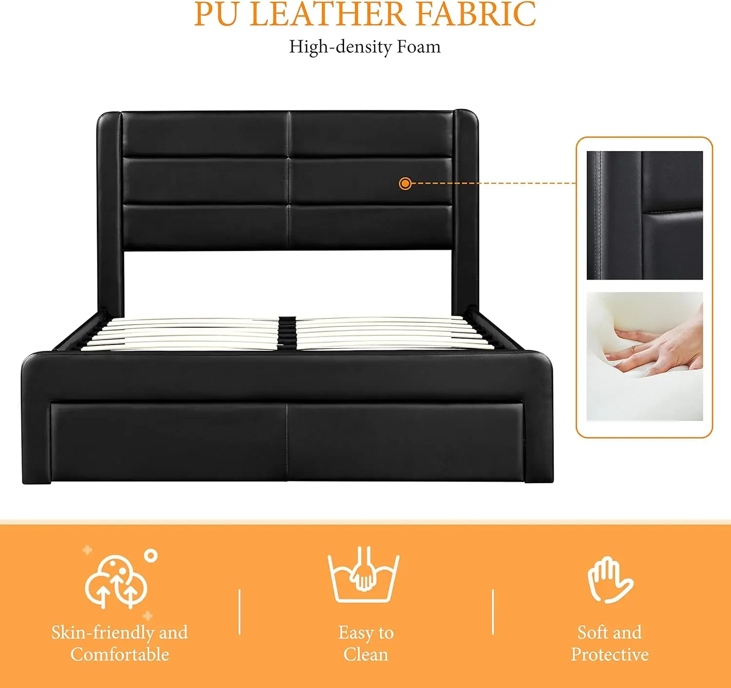 Queen Size Bed Frame Platform with 2 USB Charging Station/Port for Type A&Type C/3 Storage Drawers, Leather Upholstered with Hea image 6