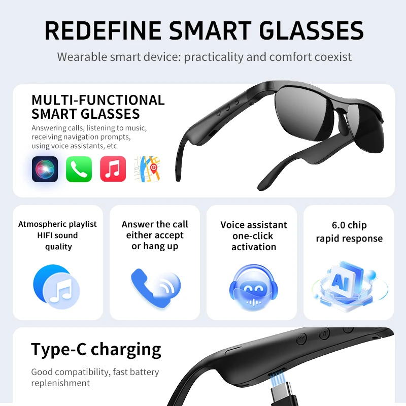 New AI Smart Bluetooth Glasses Open-Ear Sunglasses Wireless Audio Hands-Free Call AI Smart Translation Glasses 2027