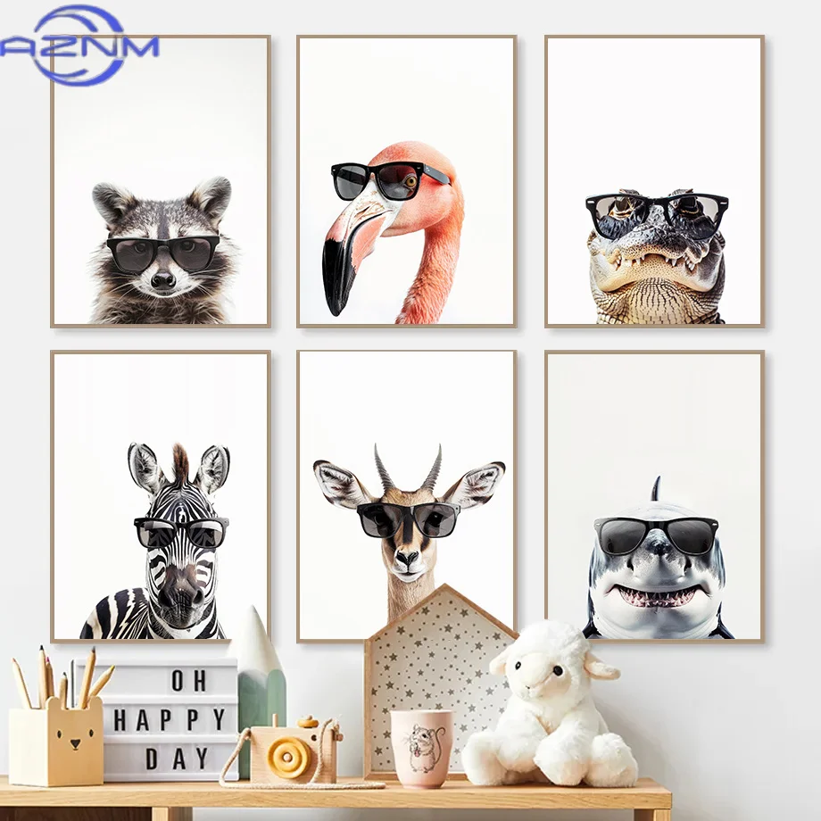 AZNM Funny Animal Wearing Sunglasses Posters Cartoon Great White Shark Prints Canvas Paintings Wall Art Pictures Kids Bedroom De