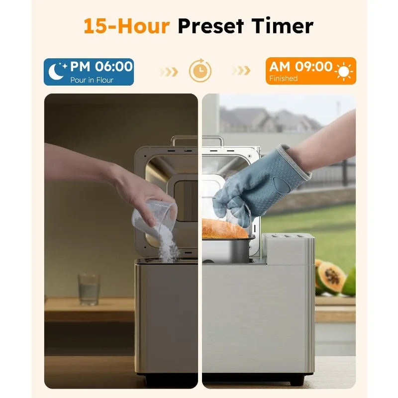 ماكينة صنع الخبز بسعة 2 رطل، ماكينة صنع الخبز الأوتوماتيكية من الفولاذ المقاوم للصدأ 17 في 1، غير لاصقة، أجهزة تحكم صديقة للمبتدئين، مؤقت لمدة 15 ساعة