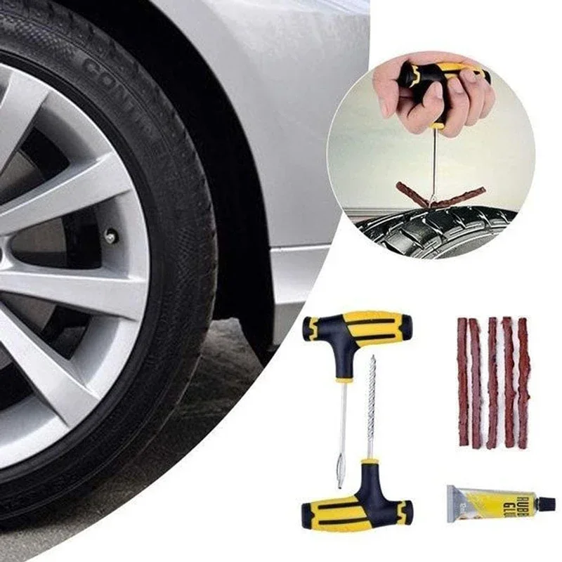 Car Tire Repair Tools Kit with Rubber Strips Tubeless Tyre Puncture Studding Plug Set for Truck Motorcycle