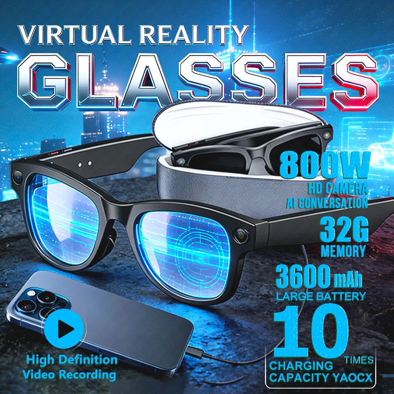 

2026 800W HD Camera Smart Glasses 1080P Taking Pictures 32GB Memory 3600 Large Capacity Battery Box AI Voice Music SmartGlasses