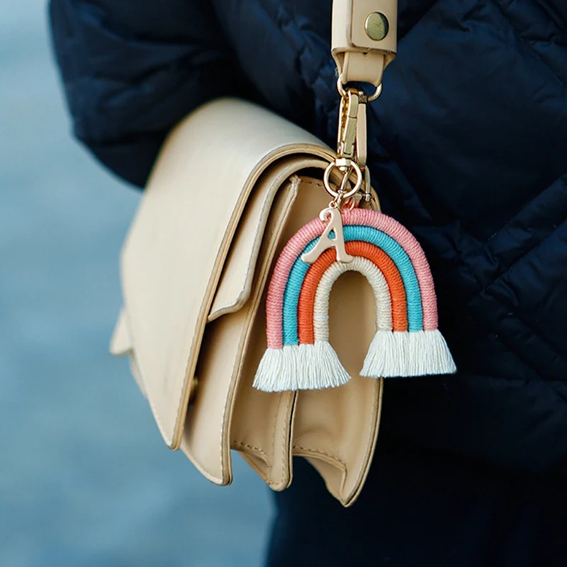 Macrame Rainbow Keyring, Bohemian Handทอพวงกุญแจ, สีสันสดใสจี้สําหรับกุญแจรถกระเป๋าถือ