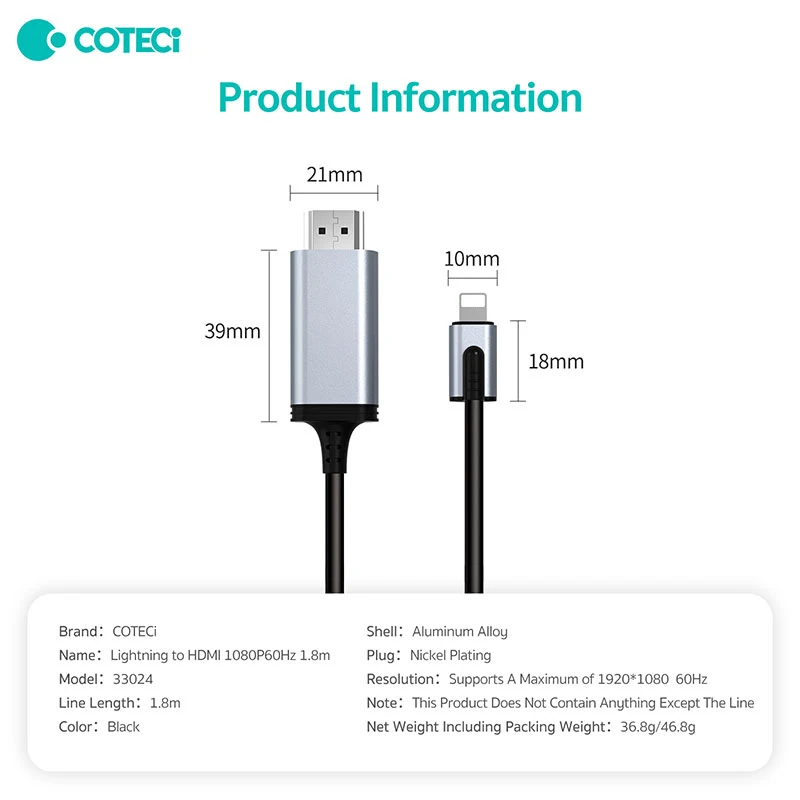 Lightning to HDMI 1080P60Hz 1.8m suitable for connecting Apple phones to TV cable projectors and projection cables