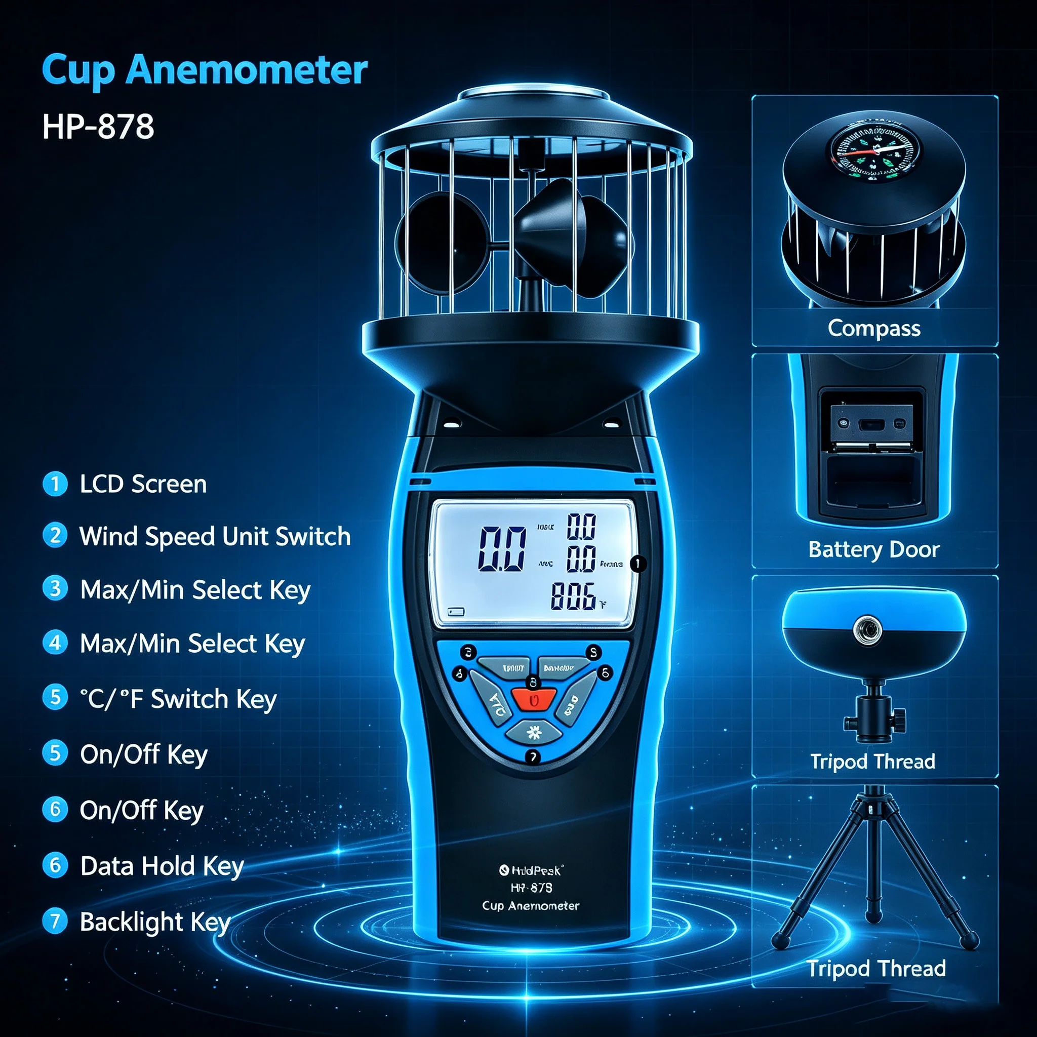 

Cup Anemometer HoldPeak HP-878 Handheld Wind Gauge Digital Temp Meter 4 Wind Units Max Min Data Hold Outdoor Tester Hot Sale