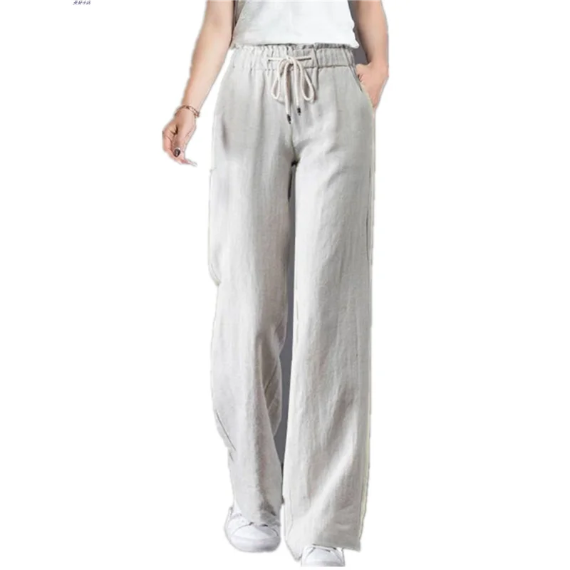 بنطلونات كاجوال عالية الخصر مستقيمة الساق من مزيج القطن، بنطلونات واسعة ورفيعة للنساء، متعددة الاستخدامات ومريحة وفضفاضة.